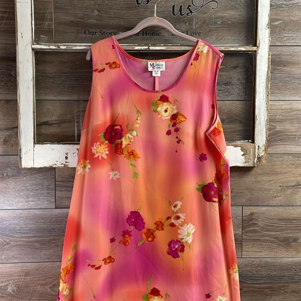 MAGGIE SWEET Womens Sleeveless Belted Maxi Dress 1X Tropical Floral Coral Pink - Picture 4 of 10